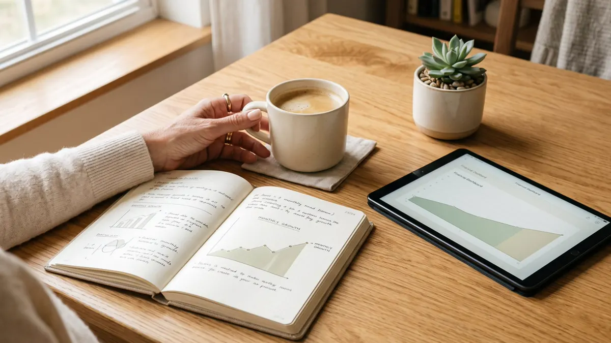 Notizbuch mit Kurven, Kaffeetasse und Tablet mit einer sinkenden Kapitalkurve auf einem Holztisch