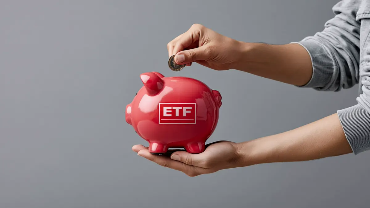 Hand wirft eine Münze in ein rotes Sparschwein mit ETF-Aufschrift