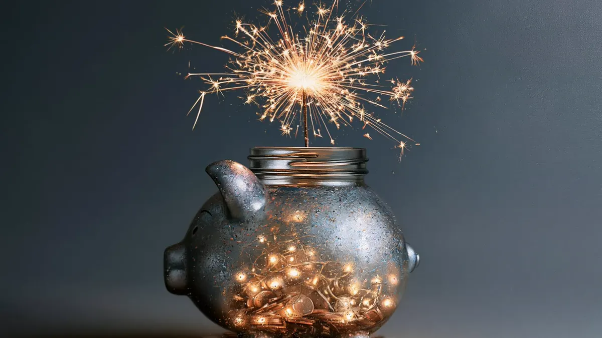 Gläsernes Sparschwein voller Münzen und Lichter, aus dem eine Wunderkerze sprüht