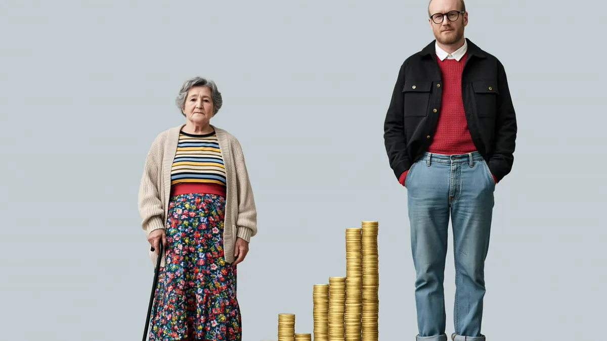 Ältere Frau und jüngerer Mann stehen neben unterschiedlich hohen Münzstapeln, ein Bild für die Rentenlücke